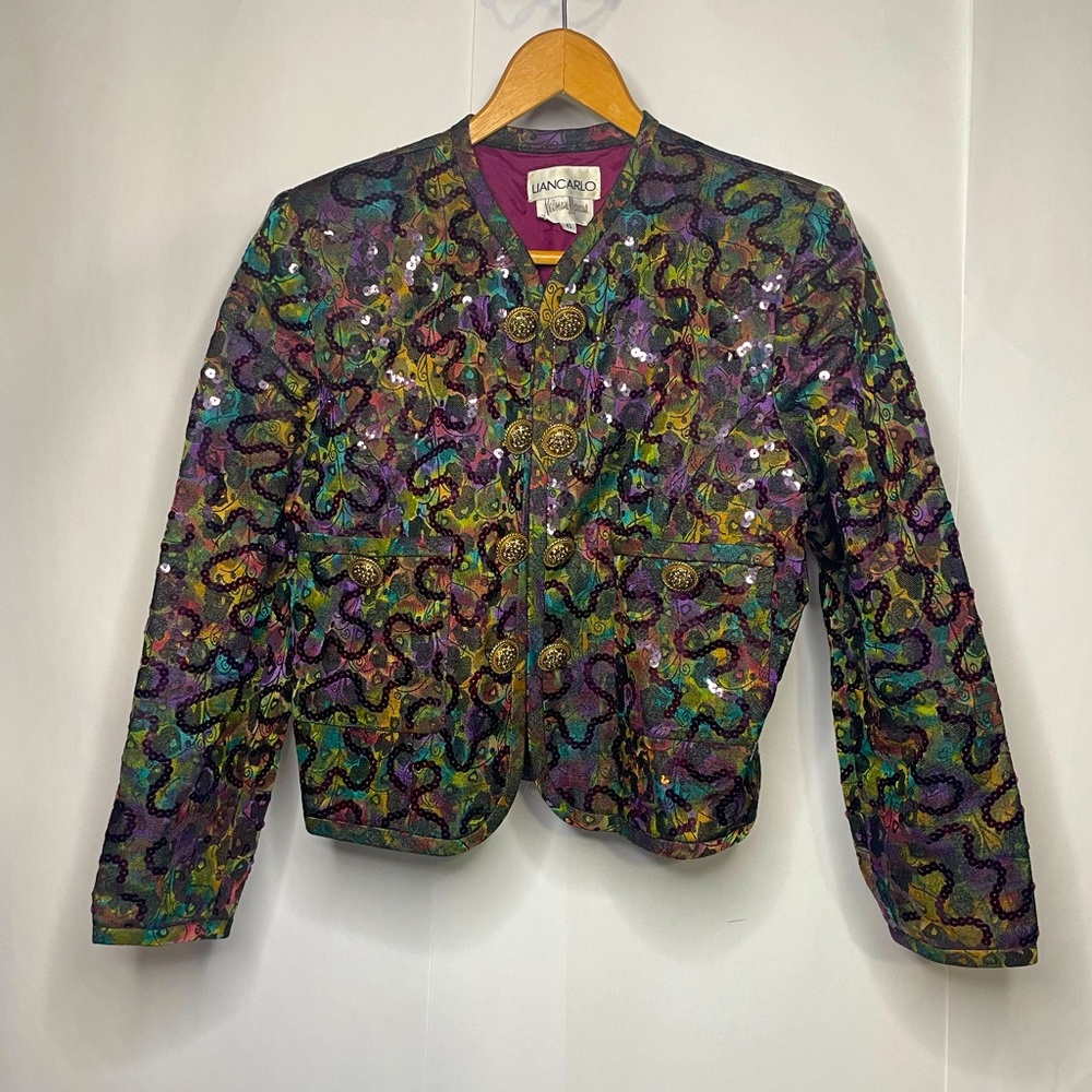 Lian Carlo Neiman Marcus Multicolor Sequin Fabric Detail Short Button Up Jacket